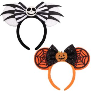 UNSPAZ Halloween Mouse Ears Headband, 2 PCS Halloween Ears Pumpkin and Jack Halloween Headband for Adults Women Kids, Halloween Accessories