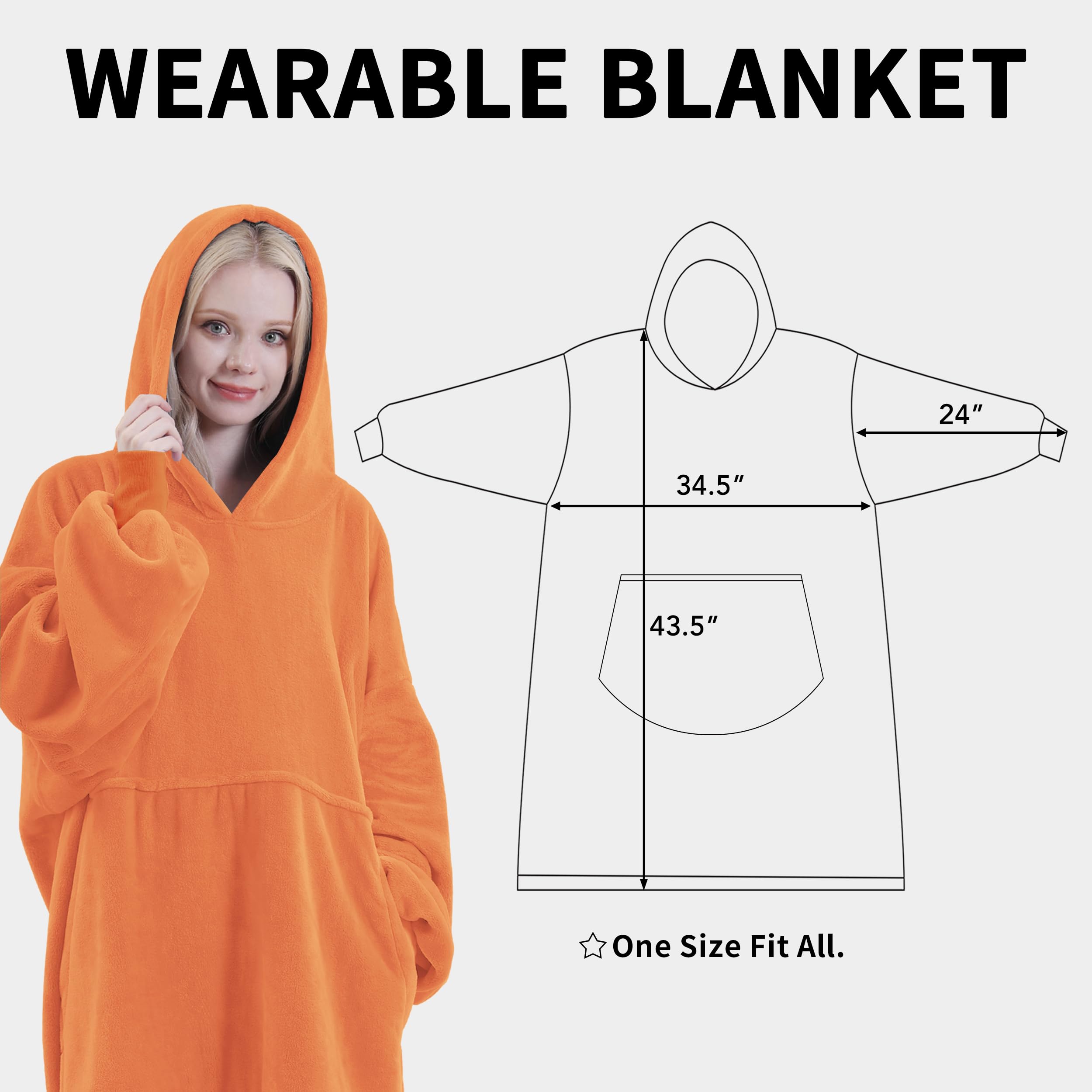 Easy-Going Oversized Flannel Wearable Blanket Hoodie for Adults, One Size Fits All, Orange