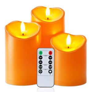 homemory halloween orange flameless candles, fall candles, outdoor waterproof flickering battery operated led pillar candles with remote and timers, won't melt plastic, set of 3