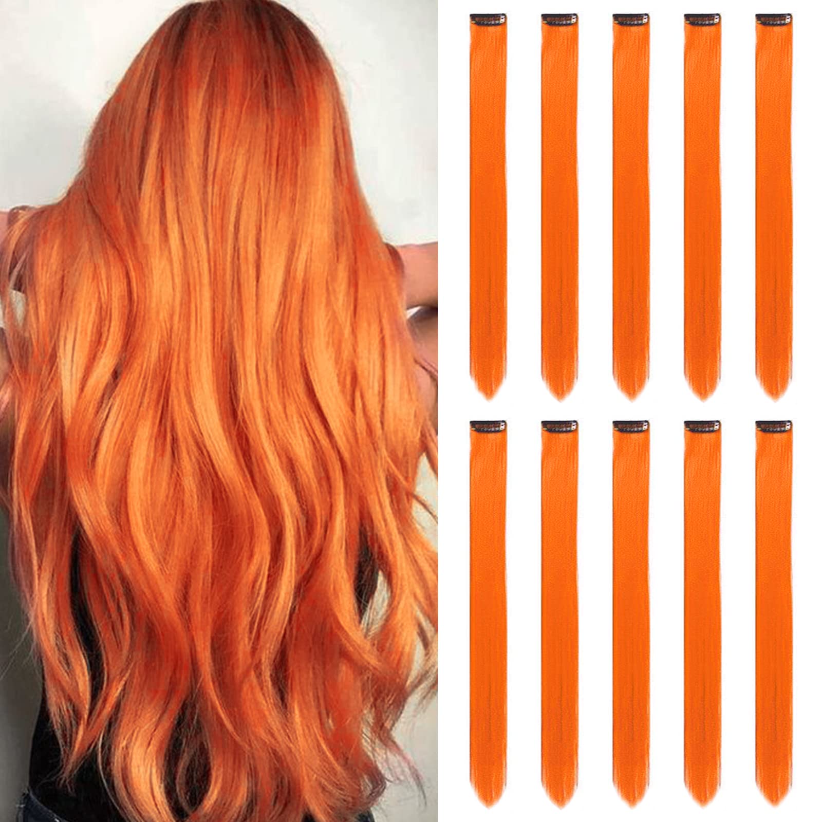 MEckily 22 inch Colored Hair Extensions Party Highlights, Straight Hairpiece Clip in Synthetic Hair Extensions for Kids Girls (10PCS-Orange)