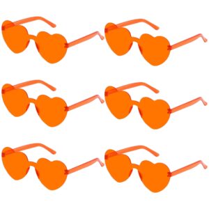 Fengek 6 Pcs Heart Shape Sunglasses Frameless Transparent Glasses Party Favors for Girls, Women, Orange