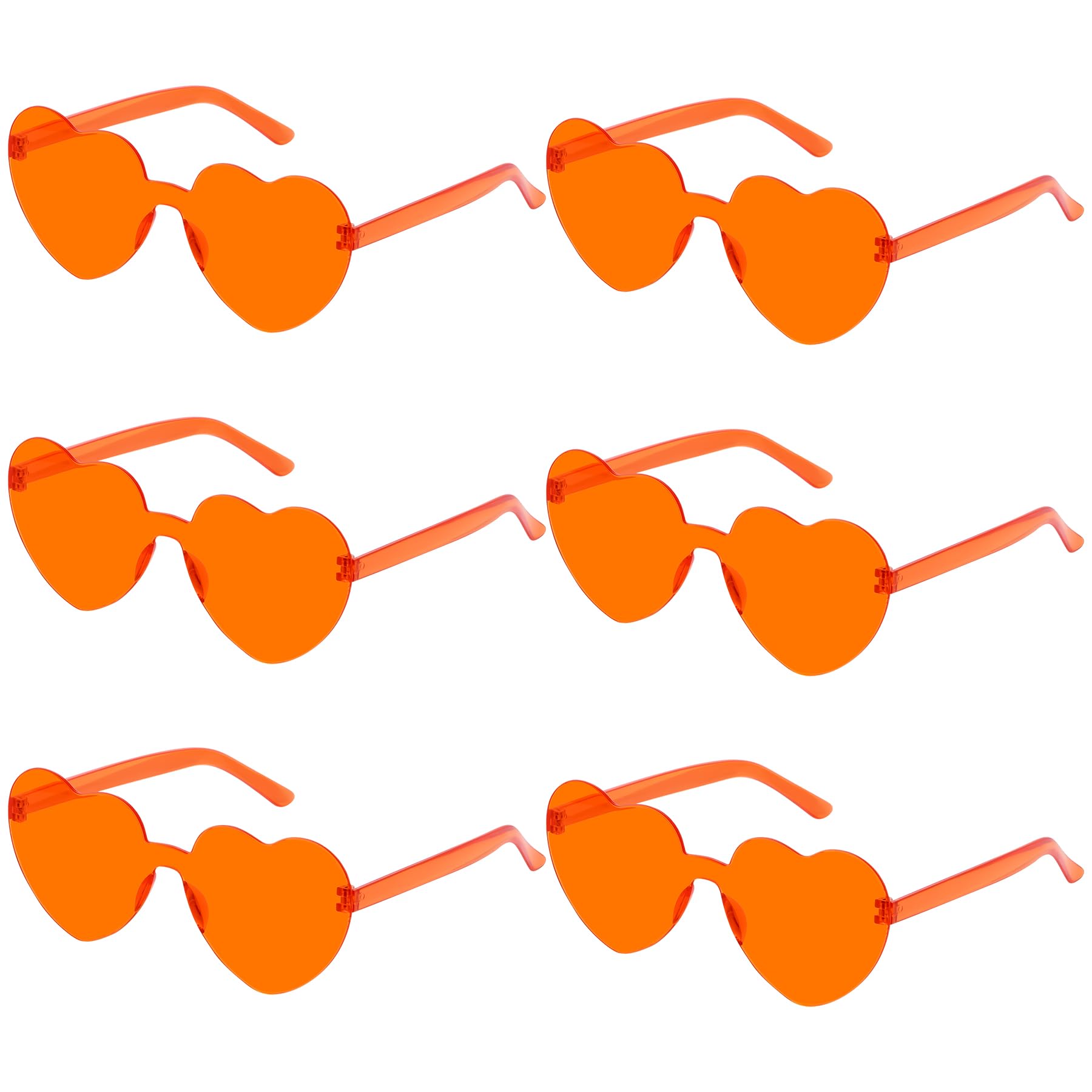 Fengek 6 Pcs Heart Shape Sunglasses Frameless Transparent Glasses Party Favors for Girls, Women, Orange