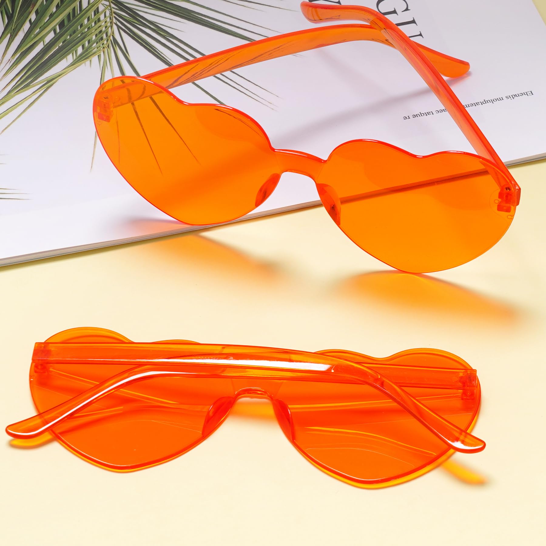 Fengek 6 Pcs Heart Shape Sunglasses Frameless Transparent Glasses Party Favors for Girls, Women, Orange