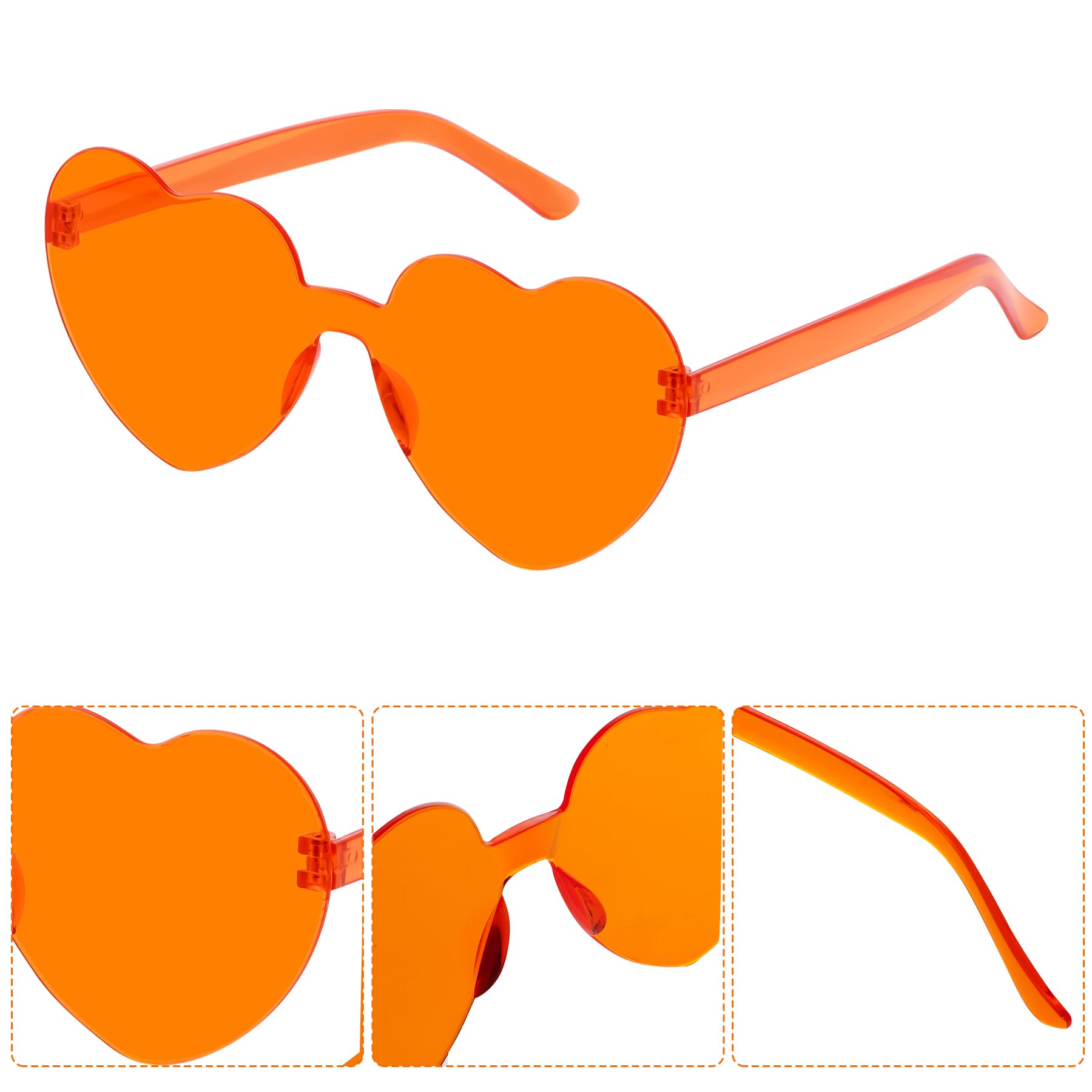 Fengek 6 Pcs Heart Shape Sunglasses Frameless Transparent Glasses Party Favors for Girls, Women, Orange