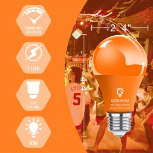 Gonhom 2 Pack A19 LED Orange Light Bulb,9 Watt Orange Lights Equivalent 100 Watt Colored Light Bulbs,E26 Base Orange LED Lights for Party Decoration, Holiday Lighting,Halloween Light Bulbs…