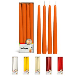 BOLSIUS Orange Taper Candles - 4 Pack Unscented 10 Inch Dinner Candle Set - 8 Hours Burn Time - Premium European Quality - Smokeless and Dripless Household Wedding, Party, and Home Decor Candlesticks