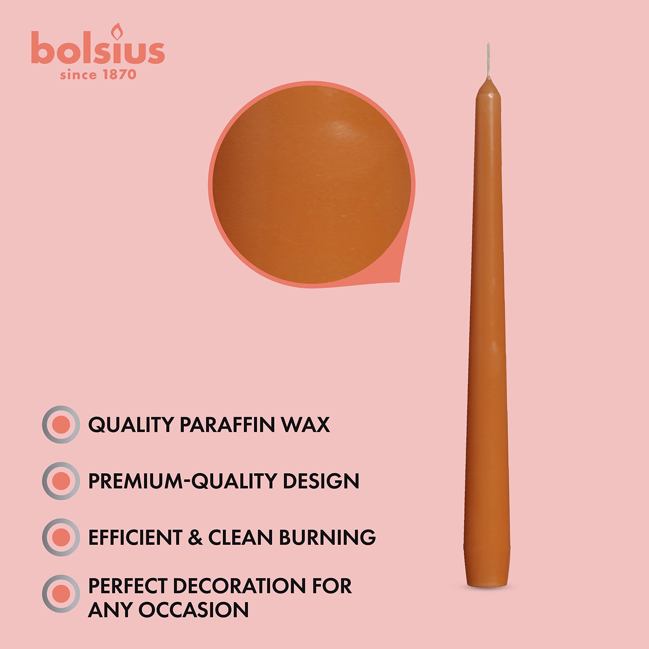 BOLSIUS Orange Taper Candles - 4 Pack Unscented 10 Inch Dinner Candle Set - 8 Hours Burn Time - Premium European Quality - Smokeless and Dripless Household Wedding, Party, and Home Decor Candlesticks