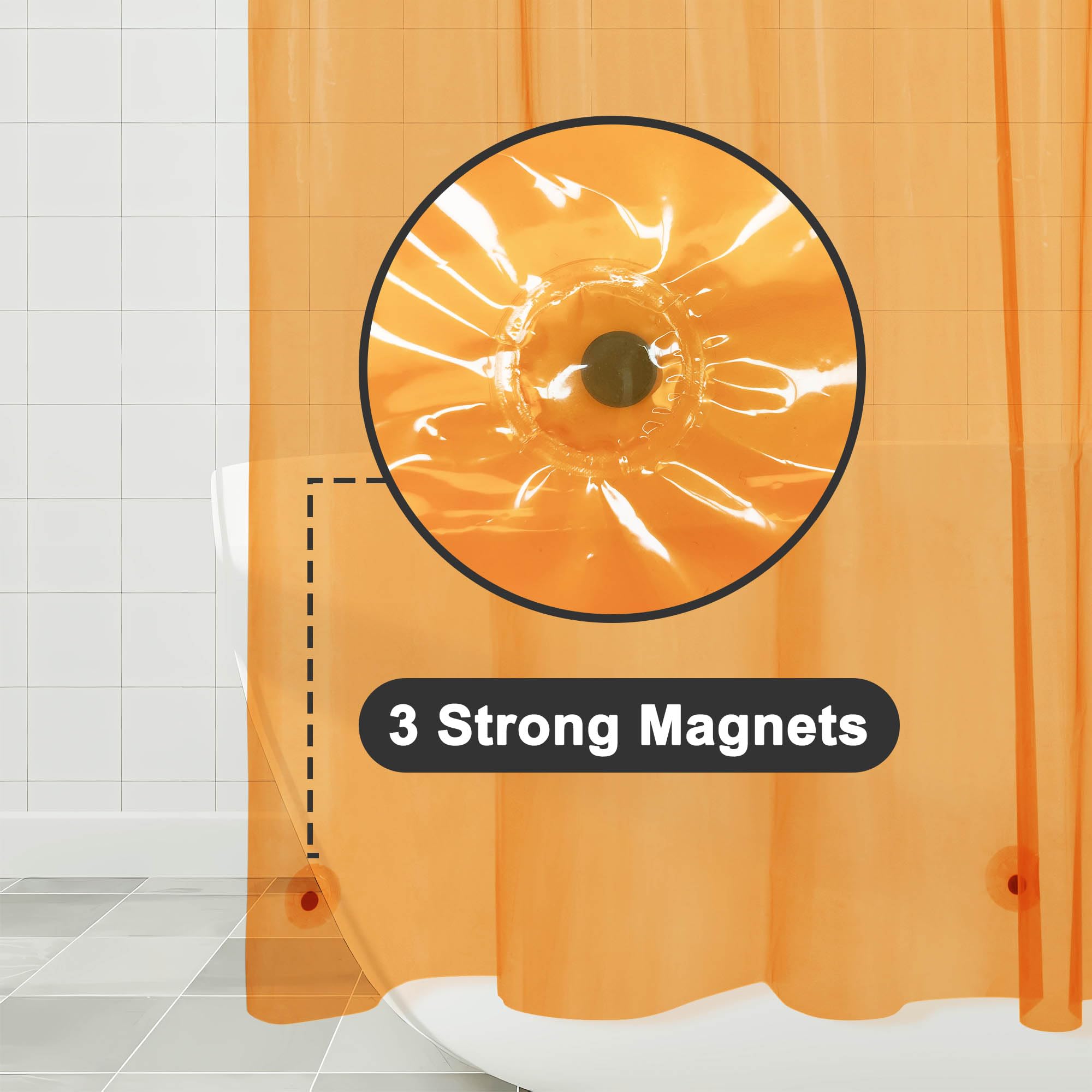 Barossa Design Clear Orange Shower Curtain Liner - Premium PEVA Shower Liner with 3 Magnets & Metal Grommets, Waterproof Lightweight Standard Size Liners for Bathroom - Translucent Orange