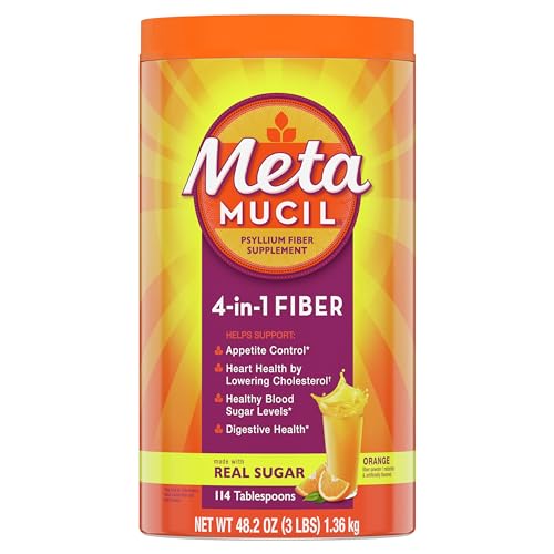 Metamucil 4-in-1 Fiber Supplement for Digestive Health, Psyllium Husk Fiber Powder, Fiber Supplement with Real Sugar, Orange Flavored, 114 tablespoons