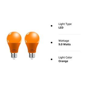 Wiyifada 2 Pack A19 LED Orange Light Bulbs,110V E26 Halloween Orange LED Lights 9W Replace up to 100W, Colored Light Bulbs for Porch, Home Lighting, Party Decoration, Holiday Lighting (Orange Light)