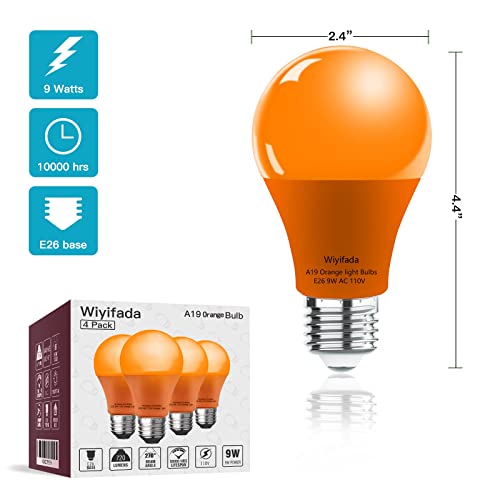 Wiyifada 2 Pack A19 LED Orange Light Bulbs,110V E26 Halloween Orange LED Lights 9W Replace up to 100W, Colored Light Bulbs for Porch, Home Lighting, Party Decoration, Holiday Lighting (Orange Light)