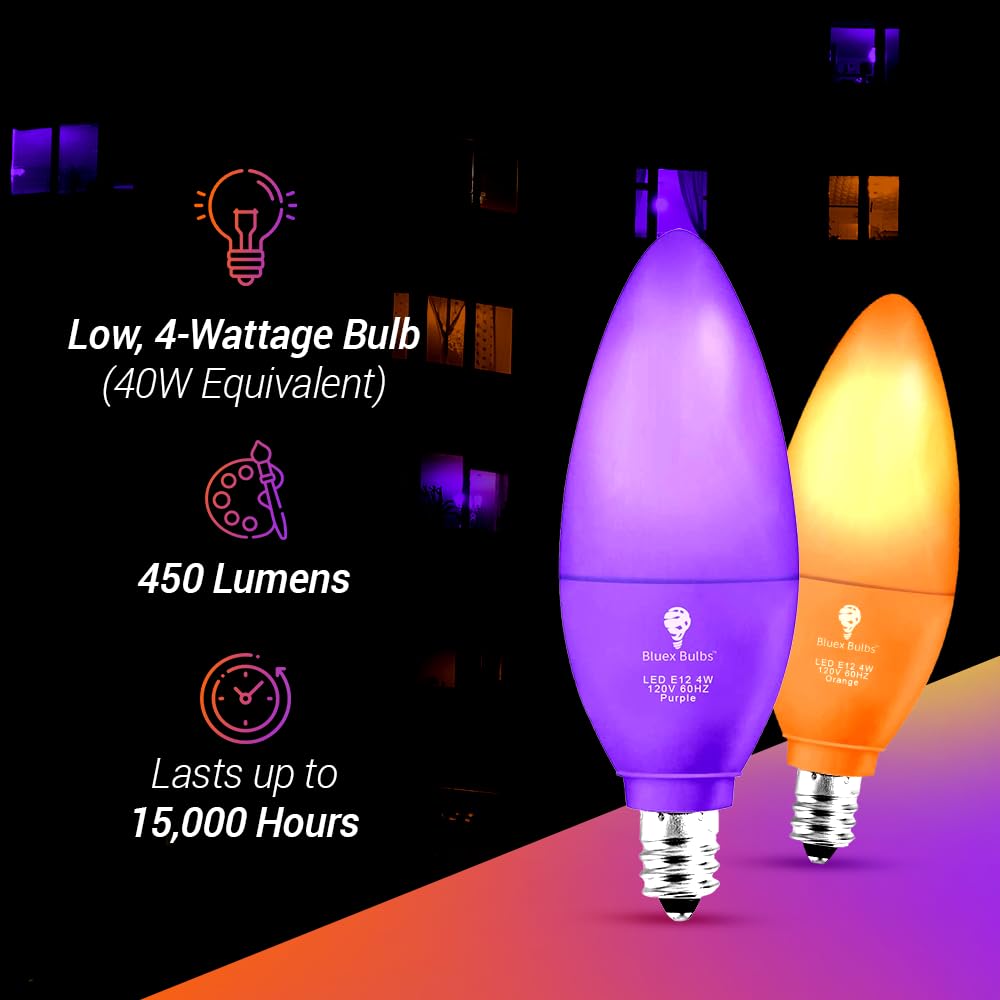 2 Pack BlueX LED Candle Orange Light Bulb - 4W (40Watt Equivalent) - E12 Base Orange LED Orange Bulb, Party Decoration, Porch, Home Lighting, Holiday Lighting, Chandelier Light Bulbs, Candelabra Bulbs