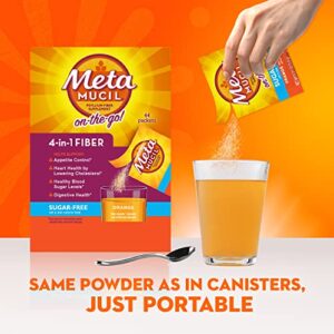 Metamucil On-The-Go, Daily Psyllium Husk Powder Supplement, Sugar-Free Powder, 4-in-1 Fiber for Digestive Health, Orange Flavored Drink, 44 Packets