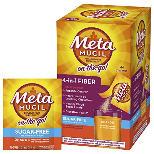 Metamucil On-The-Go, Daily Psyllium Husk Powder Supplement, Sugar-Free Powder, 4-in-1 Fiber for Digestive Health, Orange Flavored Drink, 44 Packets