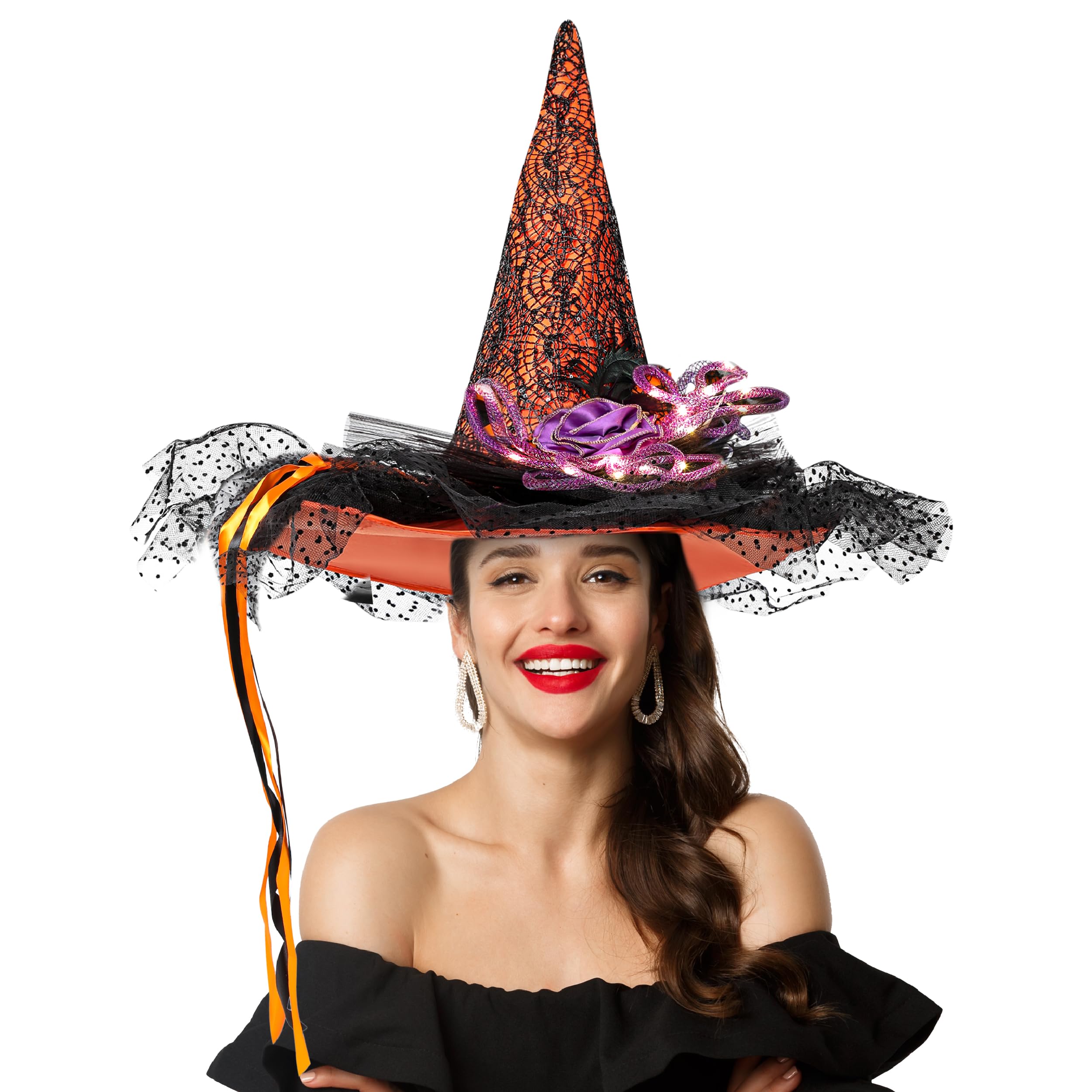 UNKENBO Orange LED Light Witch Hats for Women - Fancy Light Weight Halloween Witch Hat with Cute Lace and Large Hat Brim Unique Halloween Designs and Purple Feather for Witch Costume Size: 20 inch