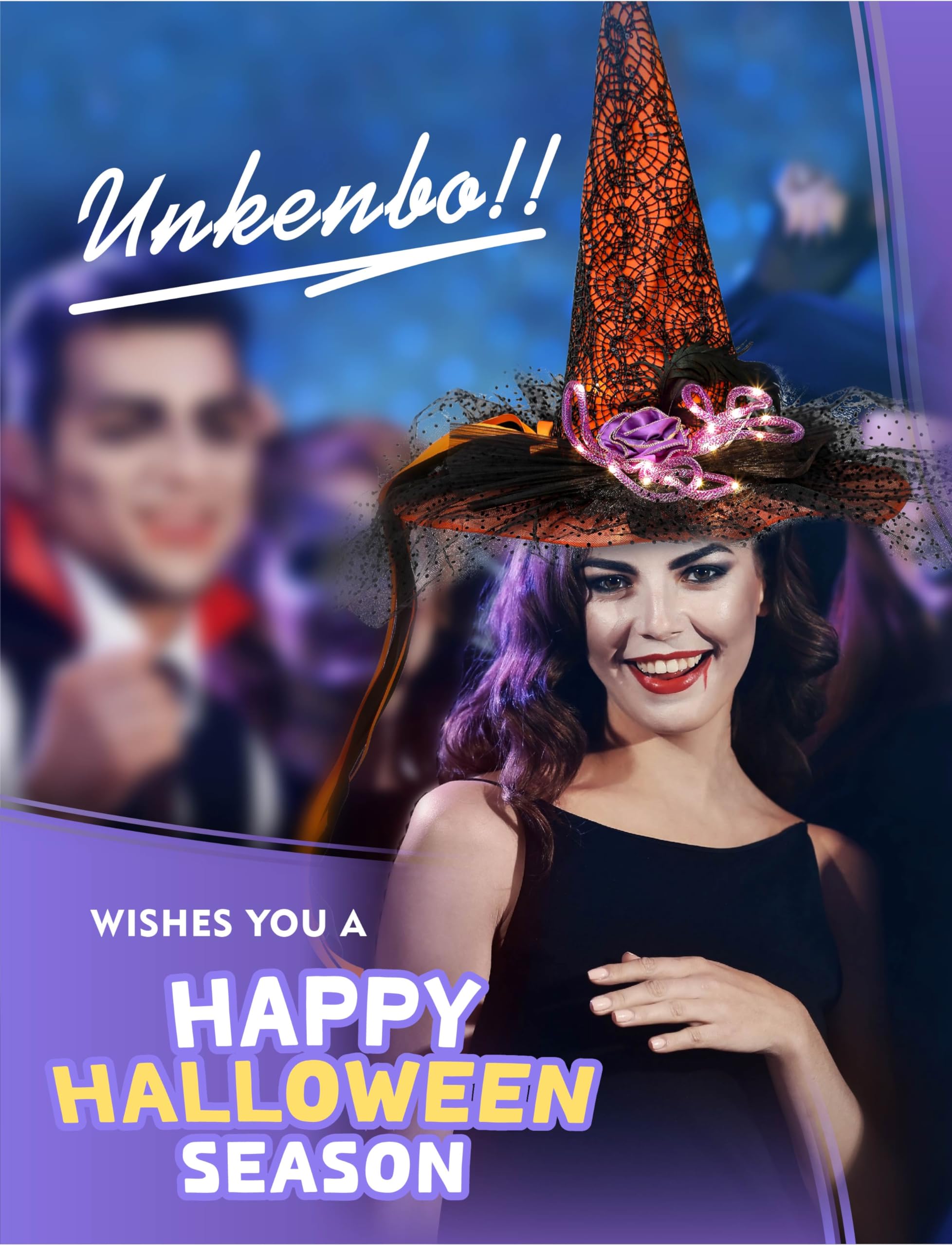 UNKENBO Orange LED Light Witch Hats for Women - Fancy Light Weight Halloween Witch Hat with Cute Lace and Large Hat Brim Unique Halloween Designs and Purple Feather for Witch Costume Size: 20 inch