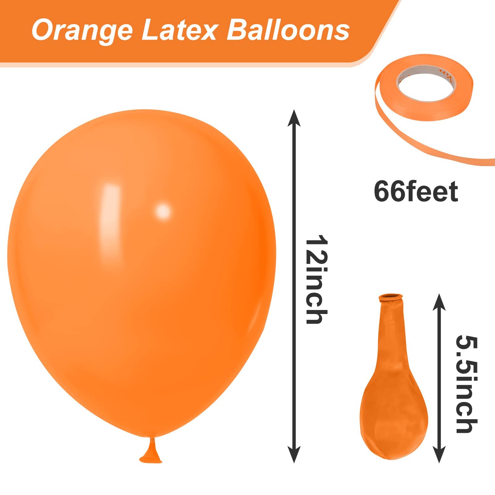 RUBFAC Orange Balloons Latex Party Balloons, 100pcs 12 Inch Orange Helium Balloons for Party Decoration Like Birthday Party, Baby Shower, Wedding, Gender Reveal, Graduation Party (with Orange Ribbon)