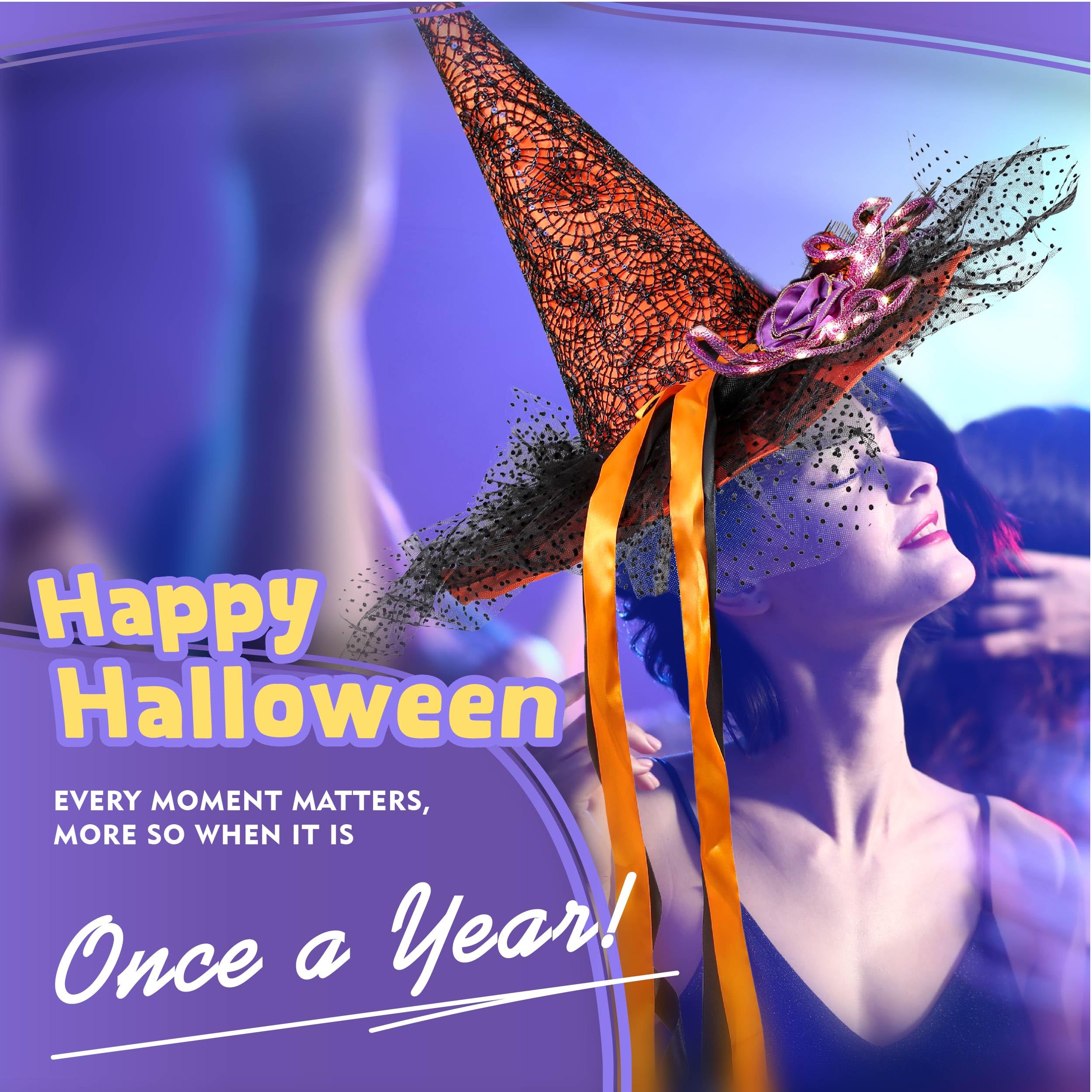 UNKENBO Orange LED Light Witch Hats for Women - Fancy Light Weight Halloween Witch Hat with Cute Lace and Large Hat Brim Unique Halloween Designs and Purple Feather for Witch Costume Size: 20 inch