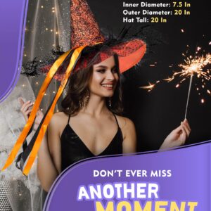 UNKENBO Orange LED Light Witch Hats for Women - Fancy Light Weight Halloween Witch Hat with Cute Lace and Large Hat Brim Unique Halloween Designs and Purple Feather for Witch Costume Size: 20 inch