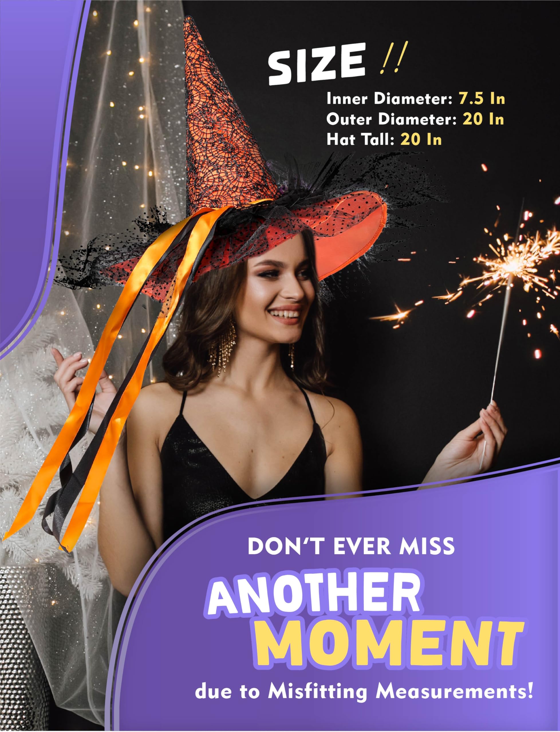 UNKENBO Orange LED Light Witch Hats for Women - Fancy Light Weight Halloween Witch Hat with Cute Lace and Large Hat Brim Unique Halloween Designs and Purple Feather for Witch Costume Size: 20 inch