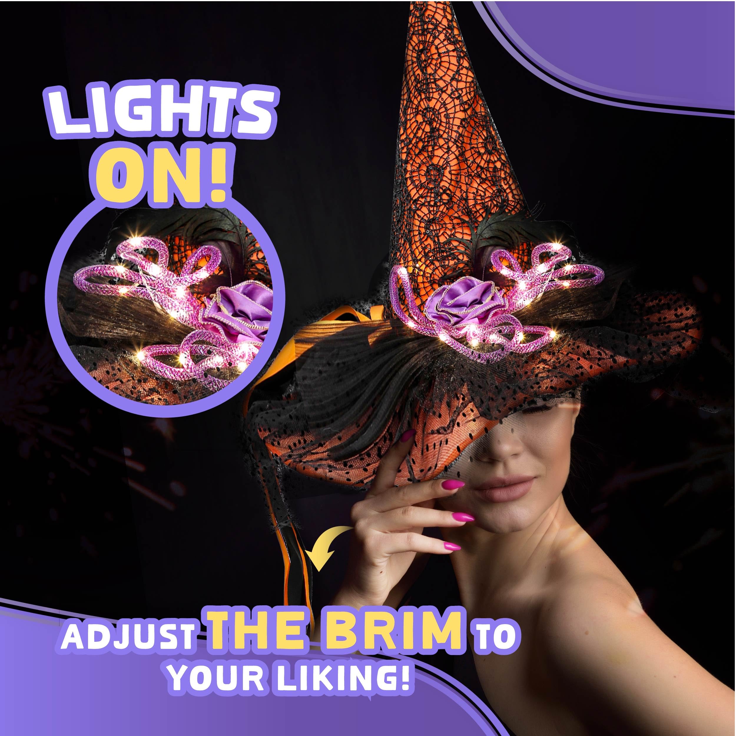 UNKENBO Orange LED Light Witch Hats for Women - Fancy Light Weight Halloween Witch Hat with Cute Lace and Large Hat Brim Unique Halloween Designs and Purple Feather for Witch Costume Size: 20 inch