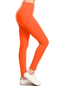 leggings depot women's 3" waistband yoga high waisted solid leggings pants (full length, orange, one size)