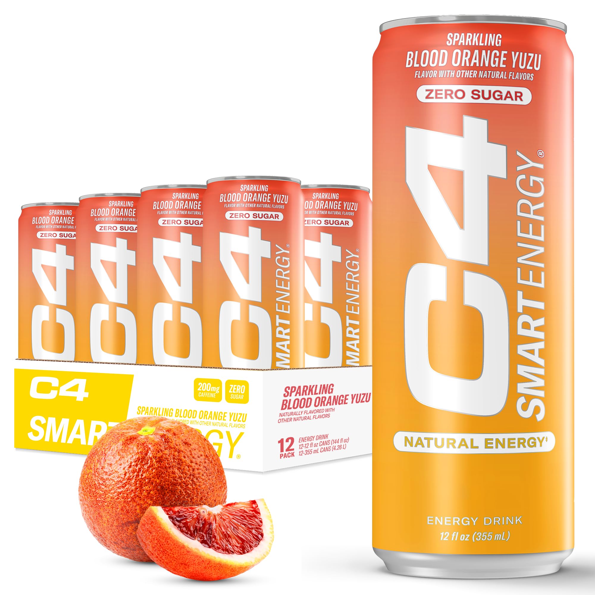 C4 Smart Energy Drink – Boost Focus and Energy with Zero Sugar, Natural Energy, and Nootropics - 200mg Caffeine - Blood Orange Yuzu (12oz Pack of 12)