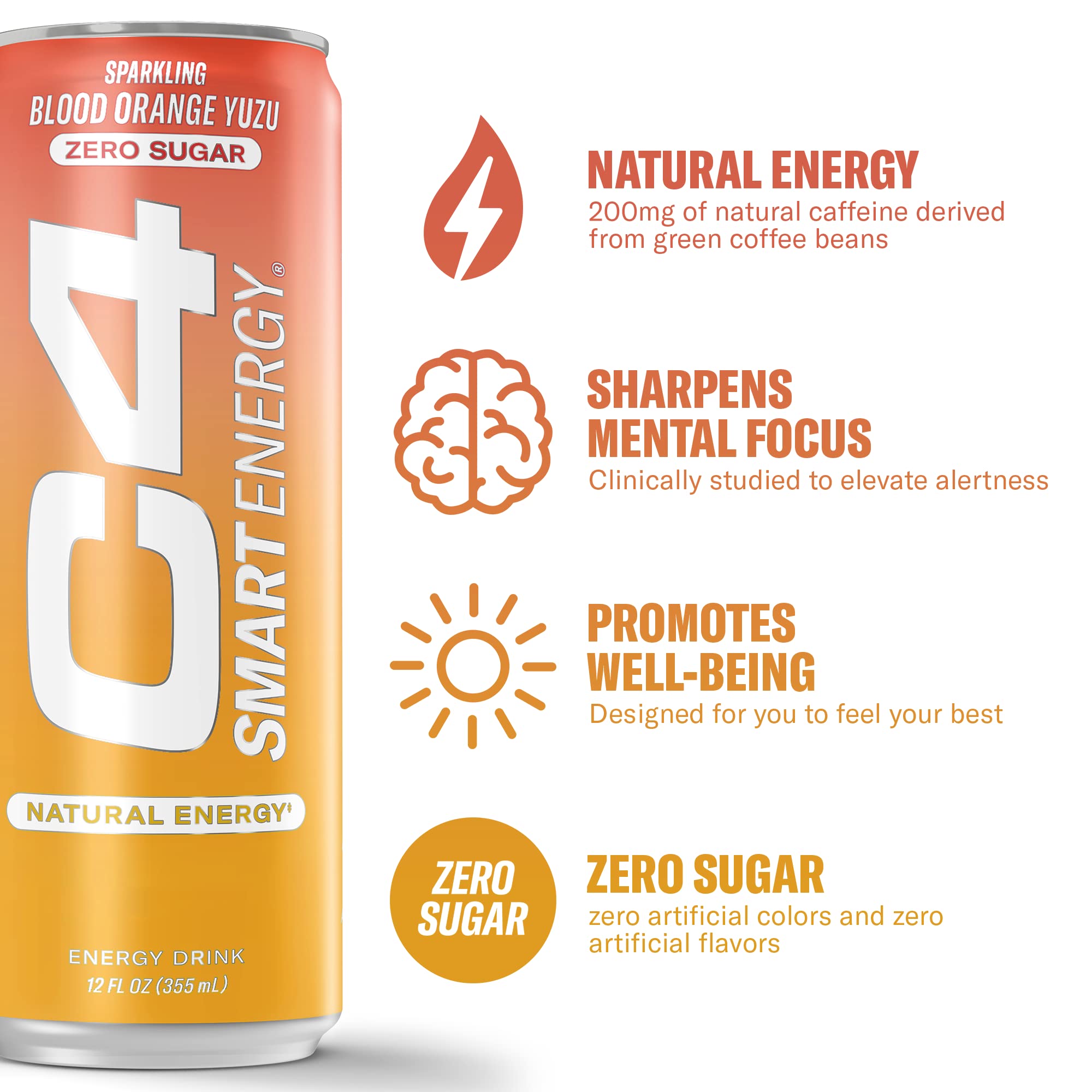 C4 Smart Energy Drink – Boost Focus and Energy with Zero Sugar, Natural Energy, and Nootropics - 200mg Caffeine - Blood Orange Yuzu (12oz Pack of 12)