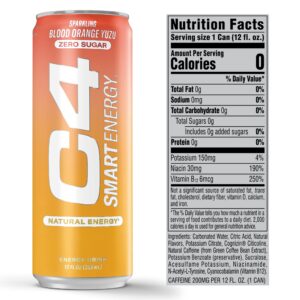 C4 Smart Energy Drink – Boost Focus and Energy with Zero Sugar, Natural Energy, and Nootropics - 200mg Caffeine - Blood Orange Yuzu (12oz Pack of 12)