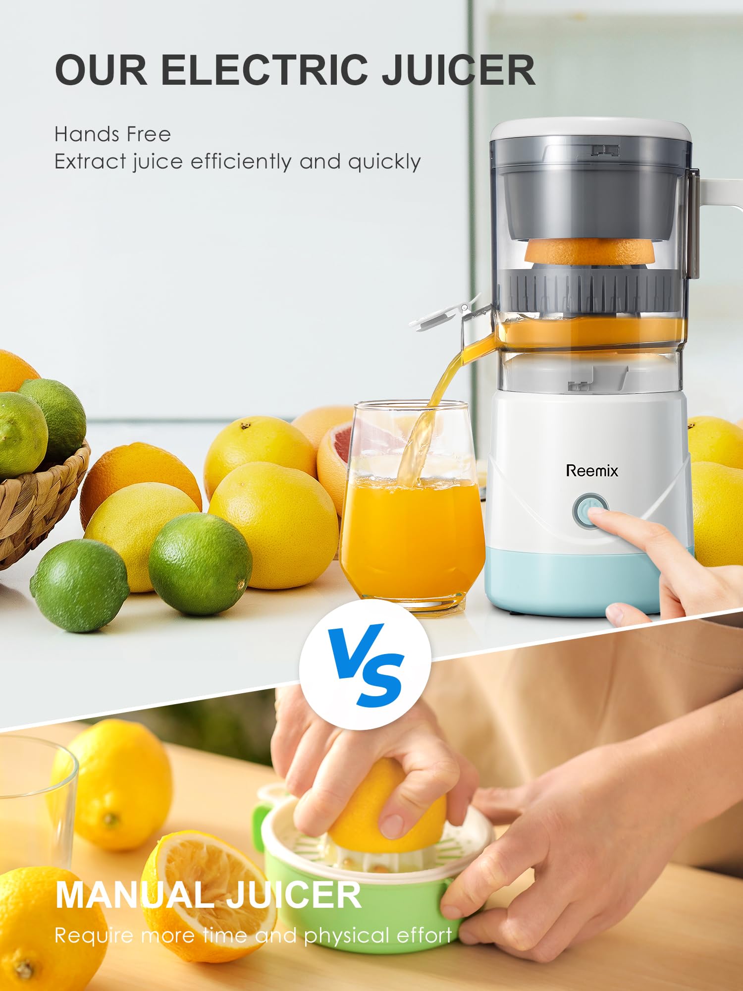 Electric Citrus Juicer, Reemix Full-Automatic Orange Juicer Squeezer for Orange, Lemon, Grapefruit, Citrus Juicer with Cleaning Brush, Easy to Clean and Use (White)