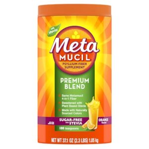 metamucil premium blend, 4-in-1 fiber supplement for digestive health, psyllium husk fiber powder, sugar-free with stevia, plant-based fiber supplement, orange flavored, 180 teaspoons