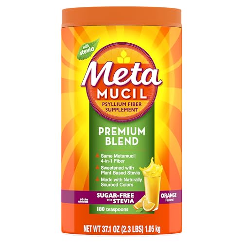 Metamucil Premium Blend, 4-in-1 Fiber Supplement for Digestive Health, Psyllium Husk Fiber Powder, Sugar-Free with Stevia, Plant-Based Fiber Supplement, Orange Flavored, 180 teaspoons