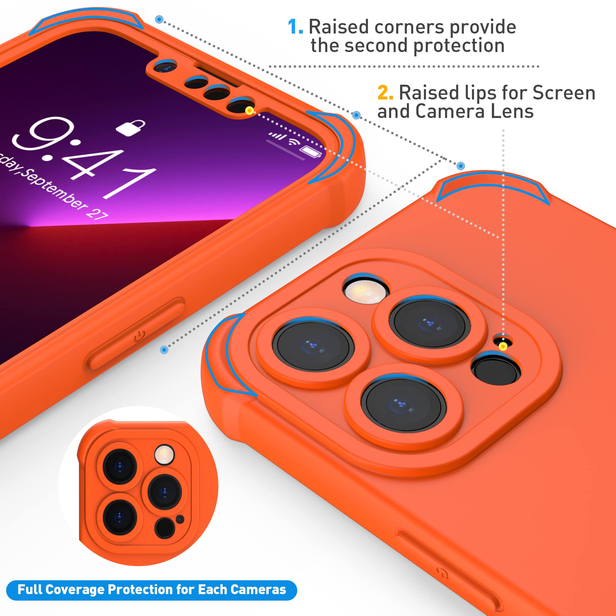ORETECH for iPhone 13 Pro Max Case, with [2 x Screen Protectors] [10 Ft Military Grade Drop Test] [Camera Protection] 360° Shockproof Slim Thin Phone Case iPhone 13 Pro Max Cover 6.7'' - Orange