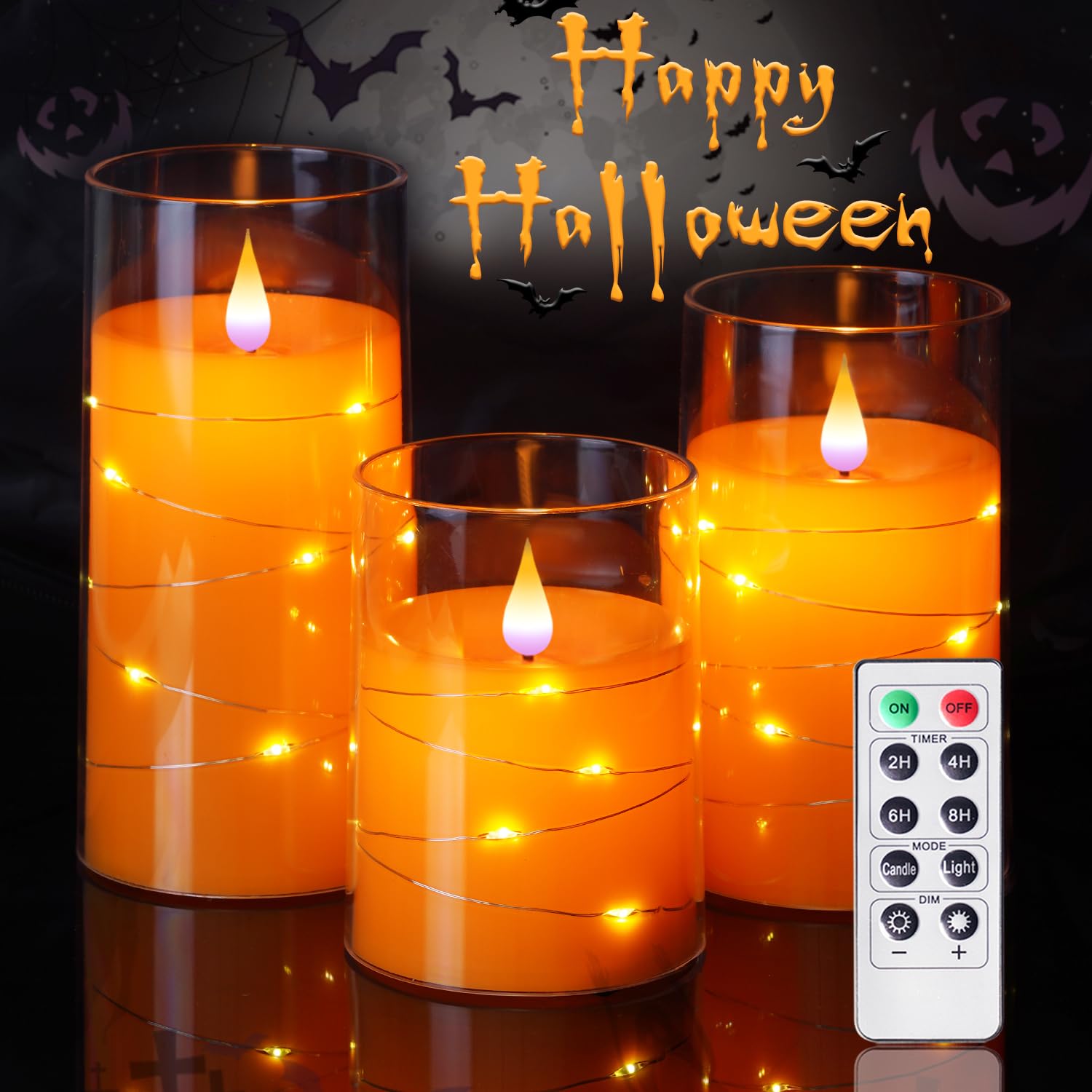 Homemory Halloween Orange Flameless Candles with String Lights, Battery Operated LED Candles with Remote and Timer, Flickering Candles for Halloween Decoration, Fall, Harvest Festival