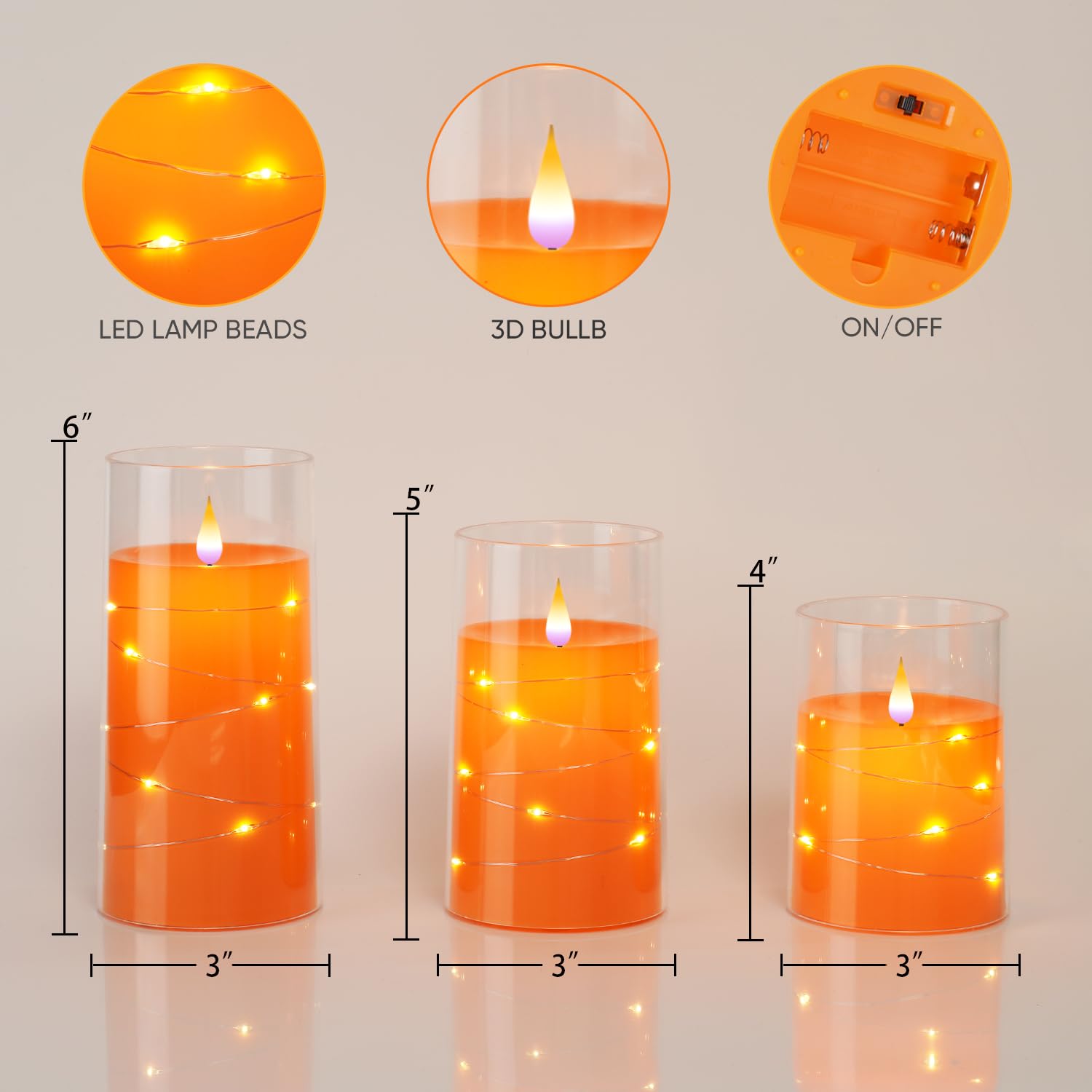 Homemory Halloween Orange Flameless Candles with String Lights, Battery Operated LED Candles with Remote and Timer, Flickering Candles for Halloween Decoration, Fall, Harvest Festival