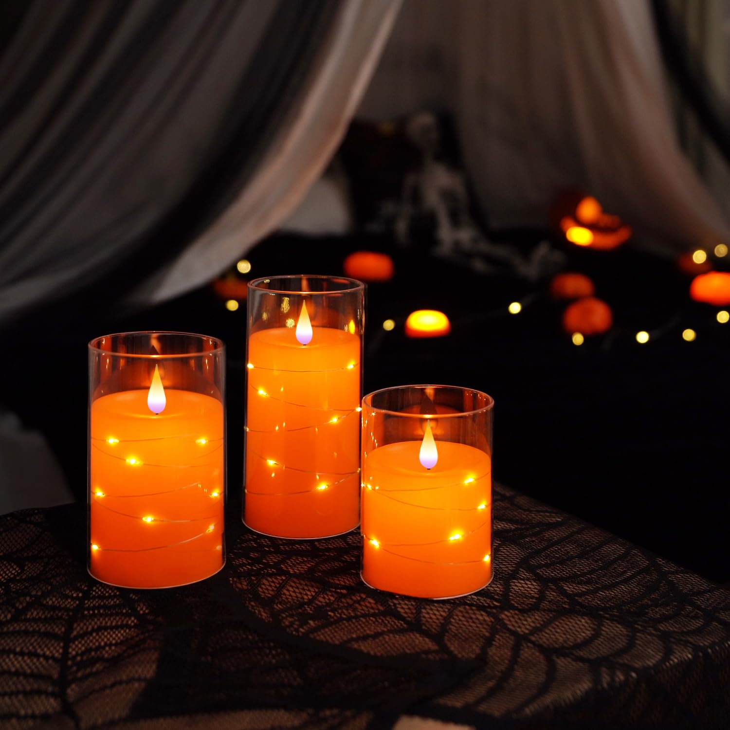 Homemory Halloween Orange Flameless Candles with String Lights, Battery Operated LED Candles with Remote and Timer, Flickering Candles for Halloween Decoration, Fall, Harvest Festival