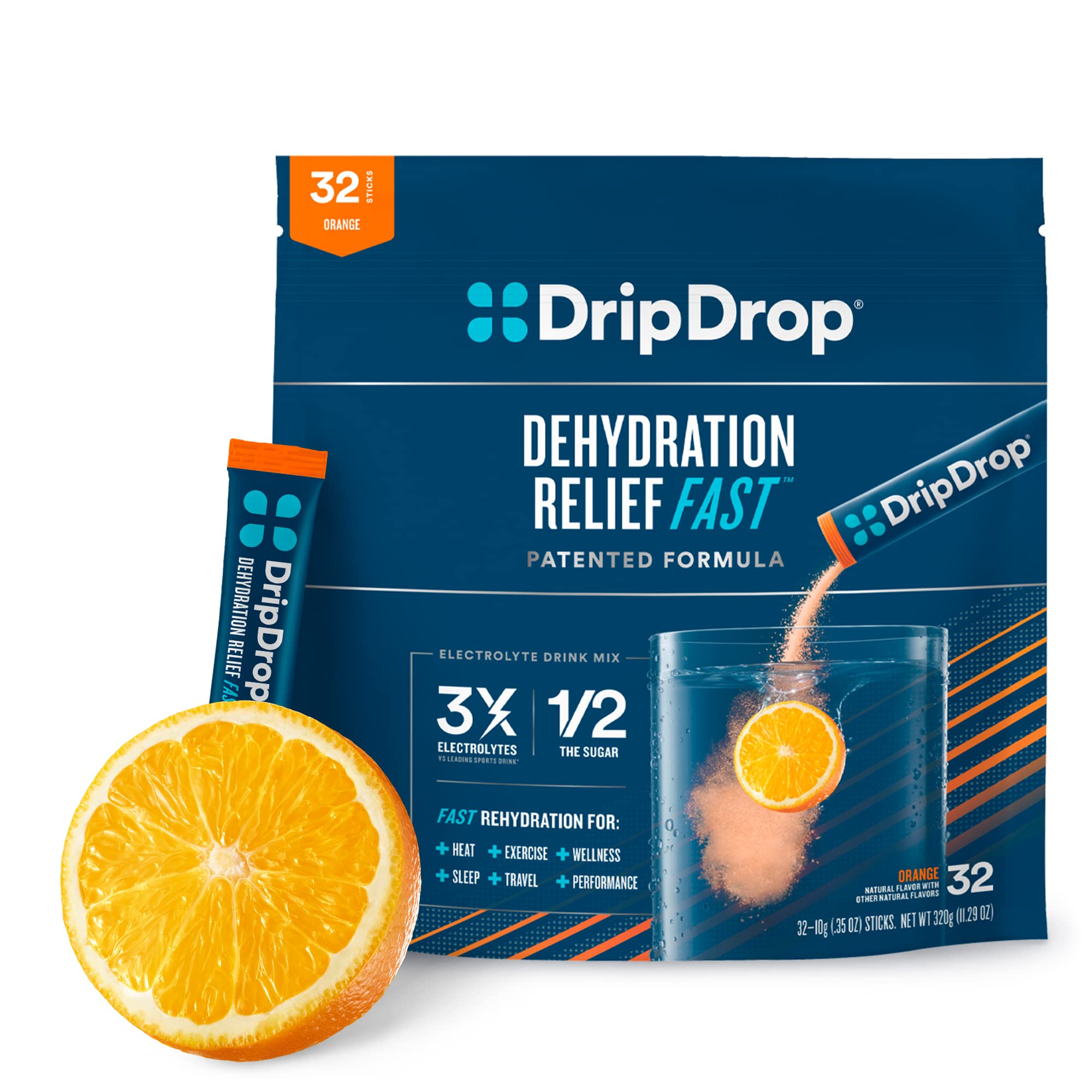 DripDrop Hydration - Orange - Electrolyte Drink Mix Single Serve Hydration Powder Packets | Non-GMO, Gluten Free, Vegan | 32 Sticks