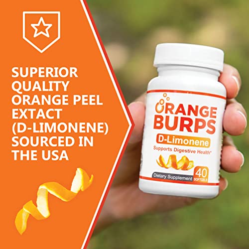 Orange Burps D-Limonene Supplement for Digestive Health, Heartburn, Acid Reflux, GERD | Orange Peel Extract | All-Natural Easy-to-Swallow Softgels | 1,000 mg per Serving - Made in USA