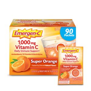 emergen-c 1000mg vitamin c powder for daily immune support caffeine free vitamin c supplements with zinc and manganese, b vitamins and electrolytes, super orange flavor - 90 count/3 month supply