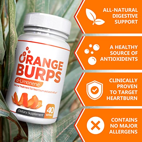 Orange Burps D-Limonene Supplement for Digestive Health, Heartburn, Acid Reflux, GERD | Orange Peel Extract | All-Natural Easy-to-Swallow Softgels | 1,000 mg per Serving - Made in USA