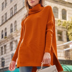 LILLUSORY Orange Turtleneck Oversized Sweaters Long Batwing Sleeve Tunic Pullover Sweater Knit Tops