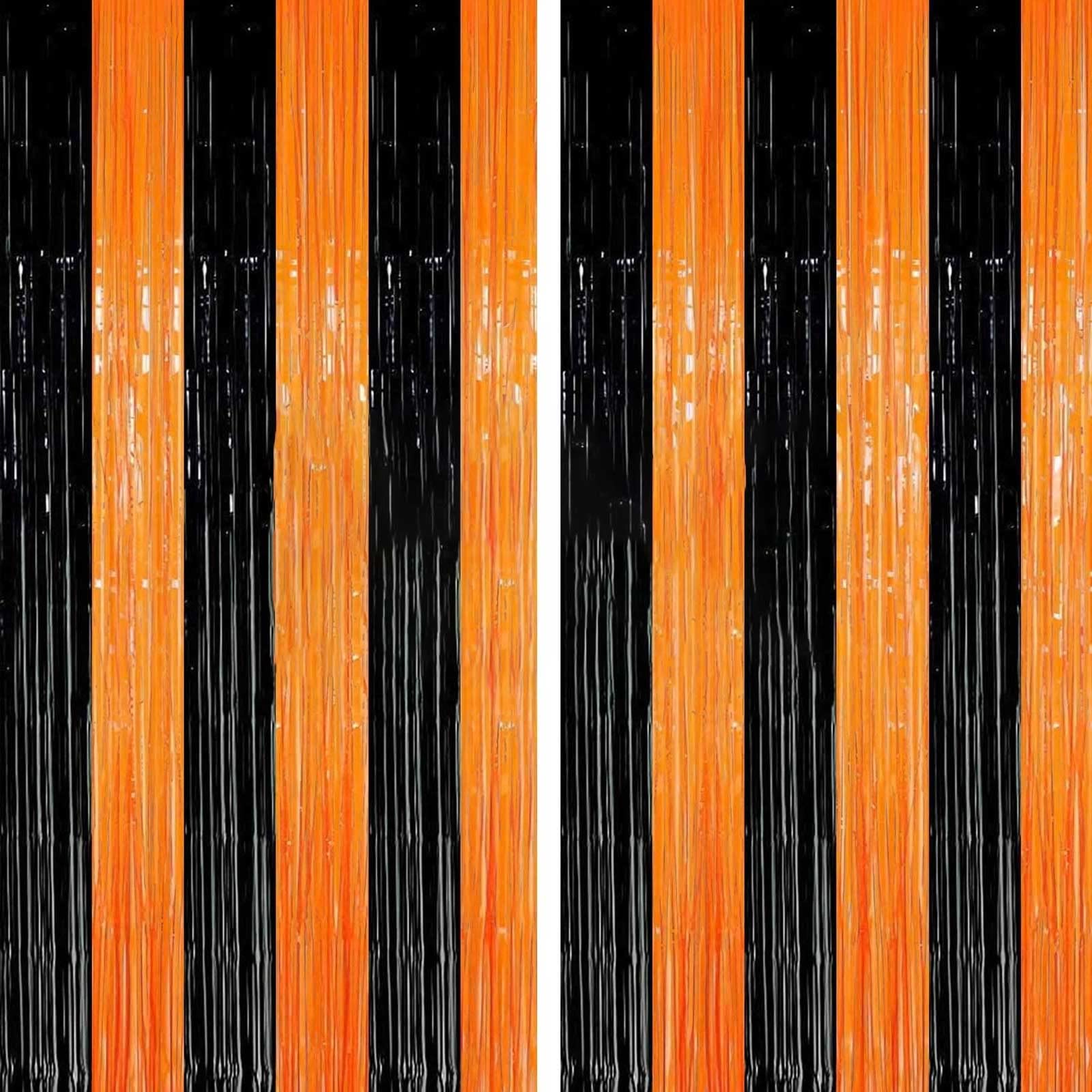 2 Packs 3ft x 8.4ft Orange Black Metallic Tinsel Foil Fringe Curtains Photo Booth Props for Halloween Birthday Bridal Shower Baby Shower Bachelorette Holiday Celebration Party Decorations