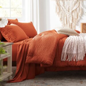 Zzlpp Queen Comforter Set 7 pieces, Burnt Orange Seersucker Bed in a Bag with Sheets, Lightweight Bedding Sets with 1 Comforter, 2 Pillow Shams, 2 Pillowcases, 1 Flat Sheet, 1 Fitted Sheet