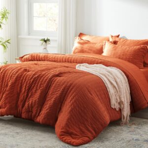 Zzlpp Queen Comforter Set 7 pieces, Burnt Orange Seersucker Bed in a Bag with Sheets, Lightweight Bedding Sets with 1 Comforter, 2 Pillow Shams, 2 Pillowcases, 1 Flat Sheet, 1 Fitted Sheet