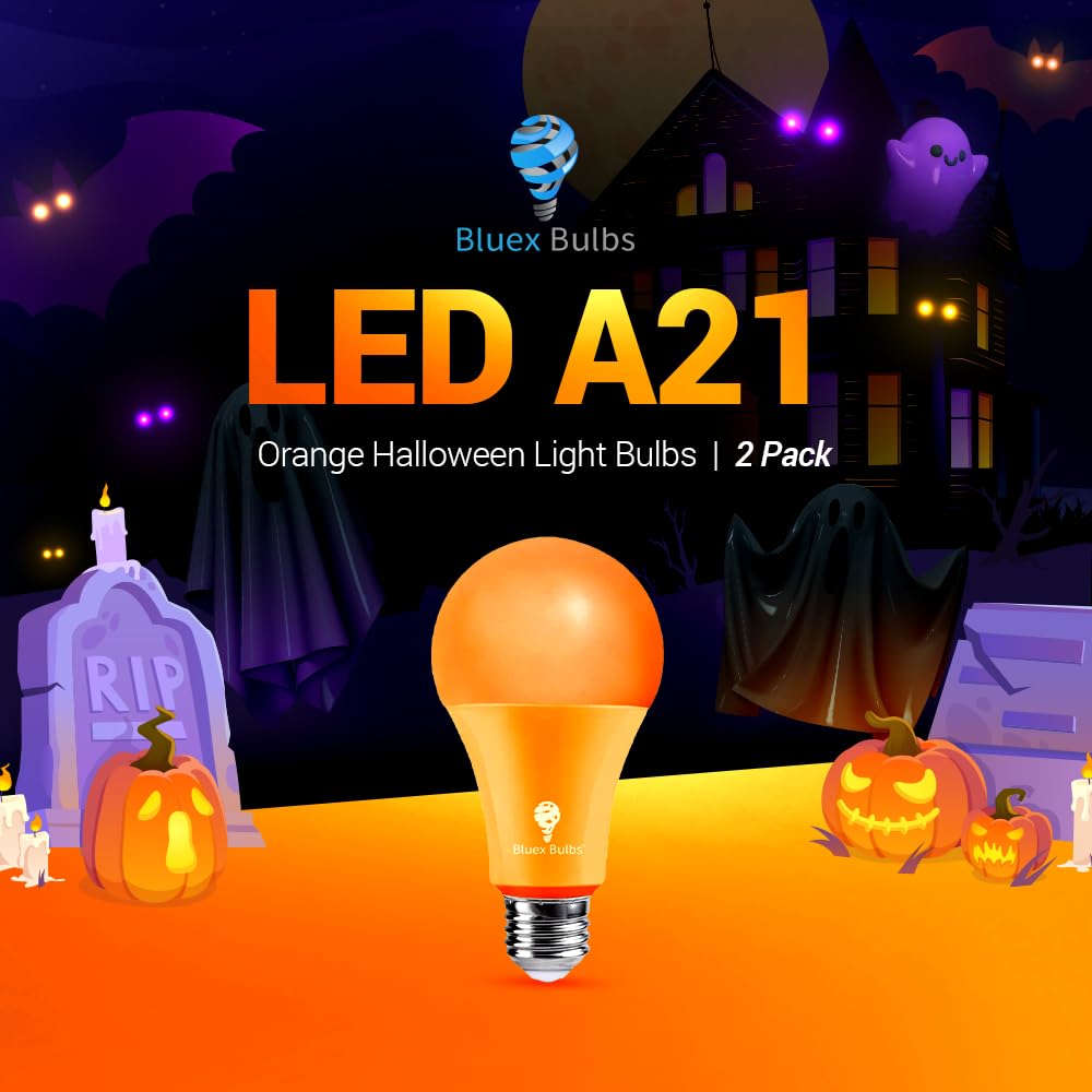 2 Pack BlueX LED A21 Orange Light Bulbs - 13W (100Watt Equivalent) - E26 Base Orange LED Orange Bulb, Party Decoration, Porch, Home Lighting, Holiday Lighting, Decorative Illumination Orange LED Bulb