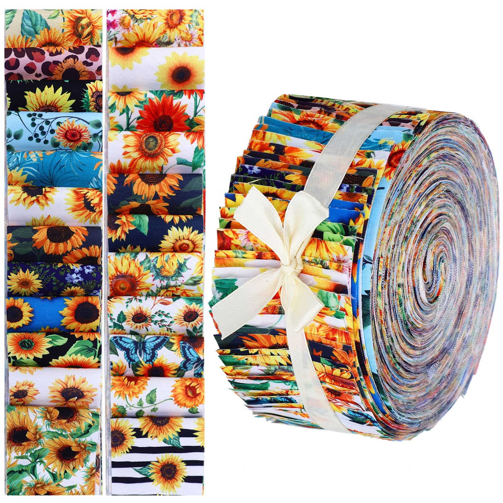 70 Pcs Sunflower Jelly Cotton Fabric Patchwork Roll, 2.55 Inch Cotton Sunflower Fabric Quilting Strips Sunflower Roll Up Jelly Fabric Patchwork Fabric for Quilters and Sewing DIY Crafts