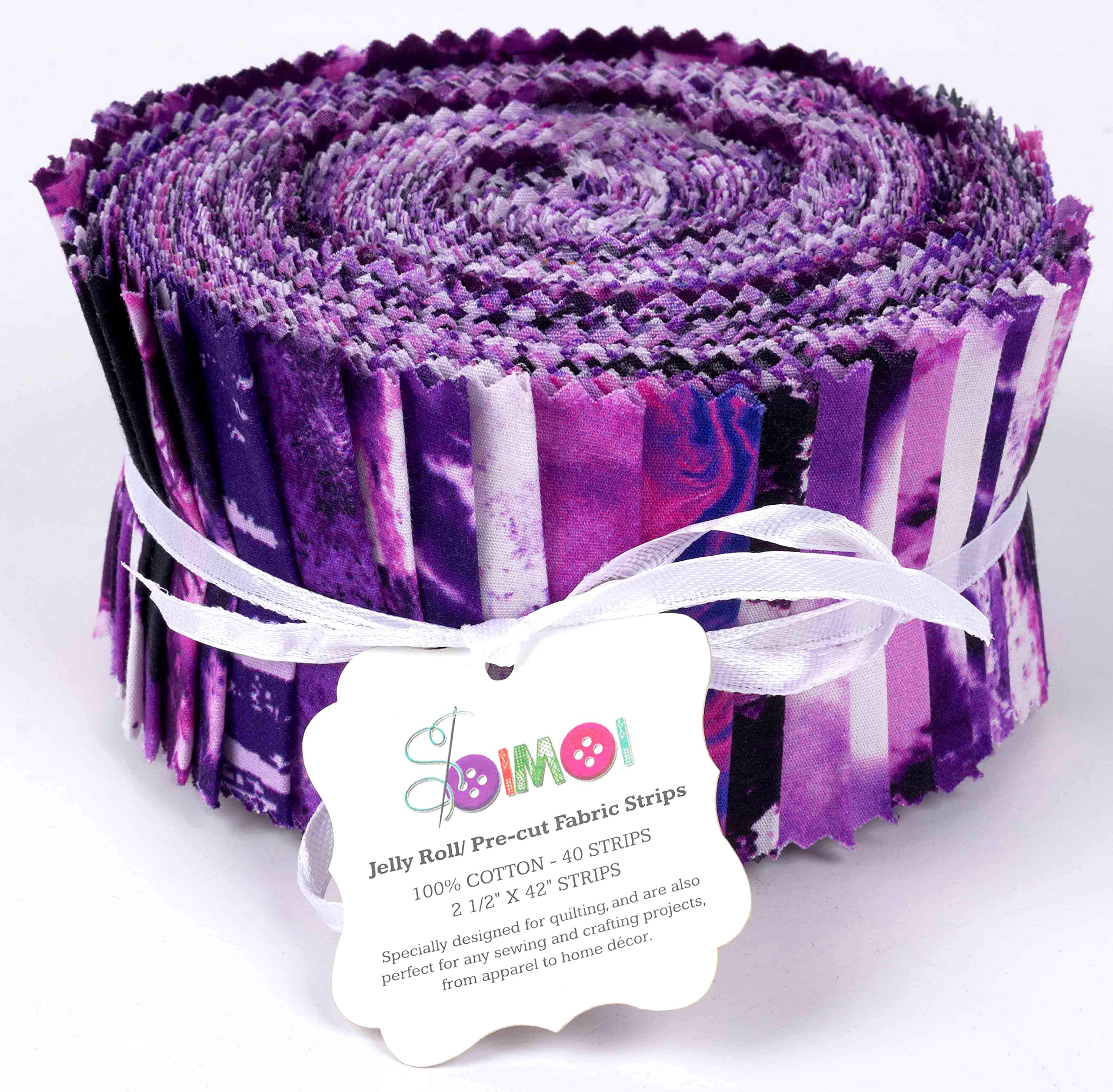 Soimoi 40Pcs Tie Dye Print Cotton Precut Fabrics for Quilting Craft Strips 2.5x42inches Jelly Roll - Purple