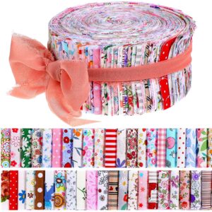 50 Pieces Fabric Strips Roll 2.4 Inch Collection Jelly Fabric Bundles Fabric Quilting Strips Roll Up Flower Precut Patchwork Fabric Strips with Assorted Patterns for DIY Crafts Sewing Favors