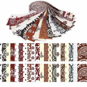 Soimoi 40Pcs Asian Block Print Cotton Precut Fabrics for Quilting Craft Strips 2.5x42inches Jelly Roll - Maroon, White, Pale Yellow, Brown