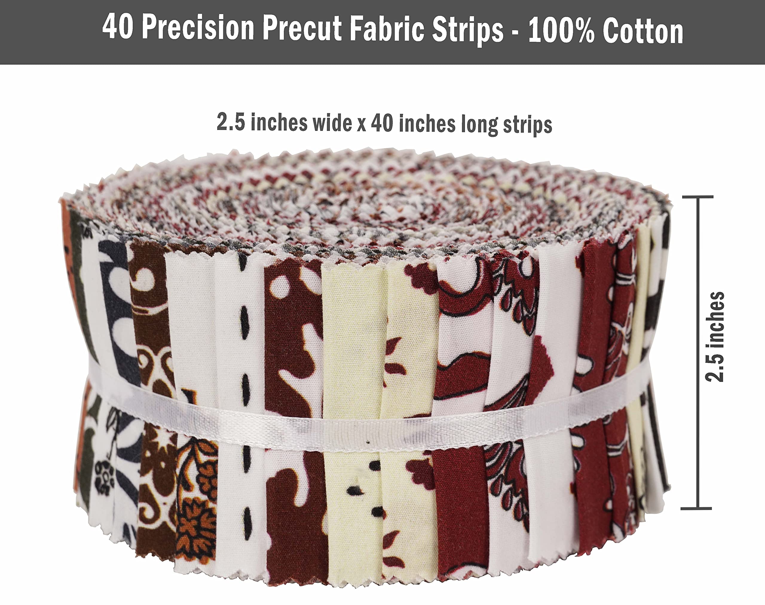 Soimoi 40Pcs Asian Block Print Cotton Precut Fabrics for Quilting Craft Strips 2.5x42inches Jelly Roll - Maroon, White, Pale Yellow, Brown